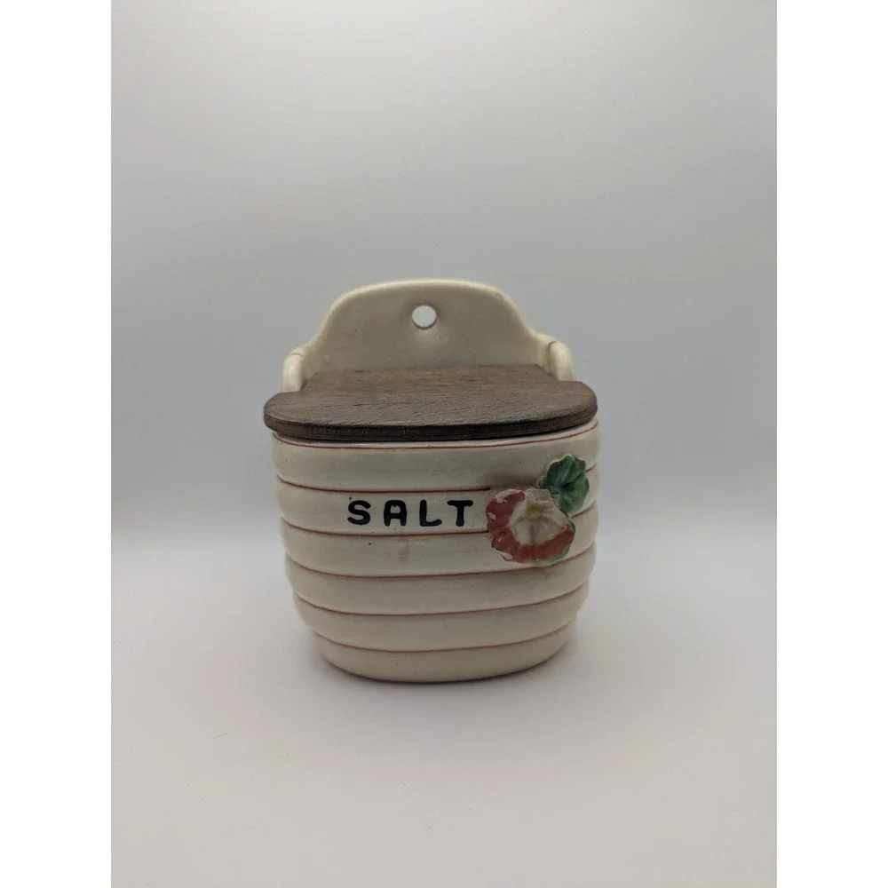 Vintage Japan Salt Cellar Box with Lid Beehive Flowers Ceramic Wall Hanging‎